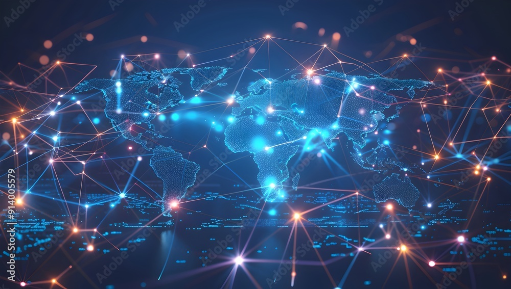 A world map with glowing connections between different countries, representing global network and connectivity A world map with glowing connections between different countries, representing global network and connectivity