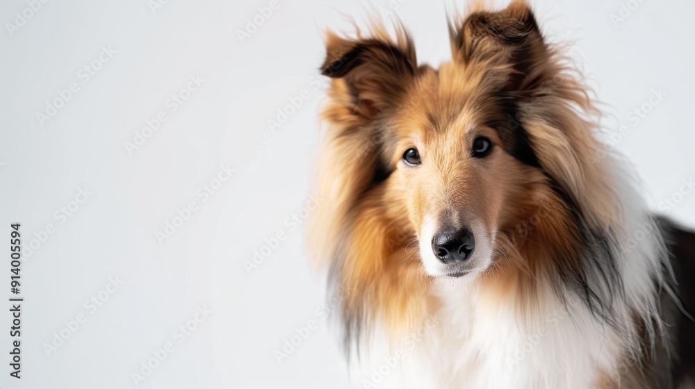 Naklejka premium Beautiful collie dog is posing on a white background, its fur is long and flowing