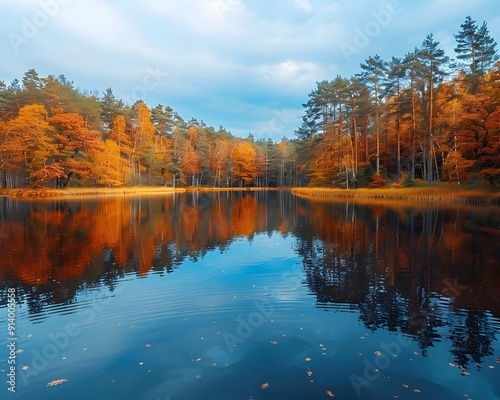 Stunning Autumn Lake Reflection with Vibrant Foliage and Calm Waters