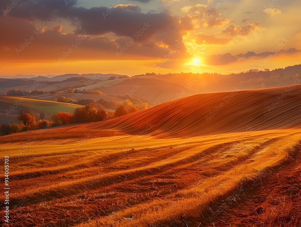 Stunning Autumn Sunset Over Picturesque Rural Countryside Landscape with Golden Fields and Rolling Hills Stunning Autumn Sunset Over Picturesque Rural Countryside Landscape with Golden Fields and Rolling Hills