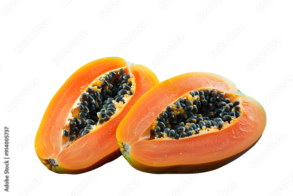 Whole and half of ripe papaya fruit with seeds on alpha background Whole and half of ripe papaya fruit with seeds on alpha background