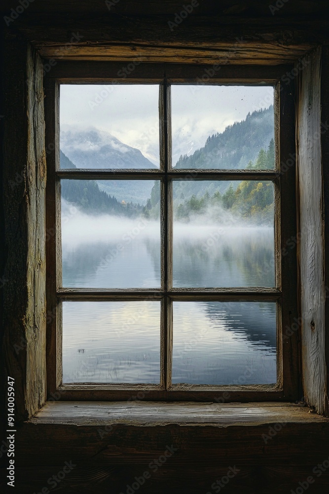 Obraz premium A window in a serene lakeside cabin, capturing a misty morning view with calm waters and distant mountains.