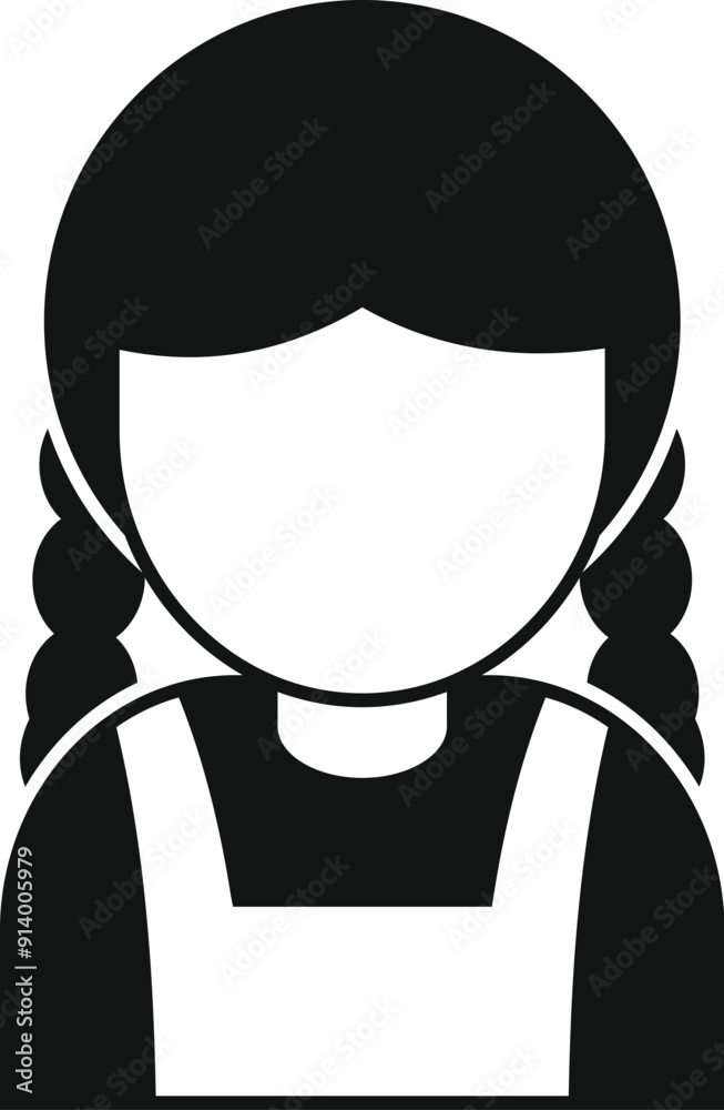 Black and white icon of a young woman wearing an apron, possibly a waitress, housekeeper, or other service industry worker Black and white icon of a young woman wearing an apron, possibly a waitress, housekeeper, or other service industry worker