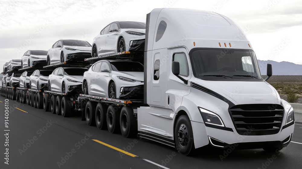 Transport Truck Carrying Multiple Electric Vehicles on Desert Highway Transport Truck Carrying Multiple Electric Vehicles on Desert Highway