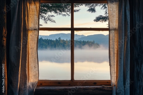 A window in a serene lakeside cabin, capturing a misty morning view with calm waters and distant mountains. photo