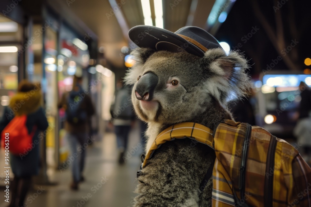 A happy koala wearing a hat and backpack is surrounded by people rushing to catch their buses, but it's clearly loving the energy of the busy bus station. Its big smile and sparkling eyes say it all! A happy koala wearing a hat and backpack is surrounded by people rushing to catch their buses, but it's clearly loving the energy of the busy bus station. Its big smile and sparkling eyes say it all!