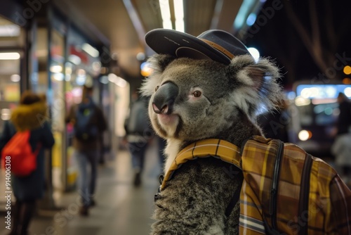 A happy koala wearing a hat and backpack is surrounded by people rushing to catch their buses, but it's clearly loving the energy of the busy bus station. Its big smile and sparkling eyes say it all!