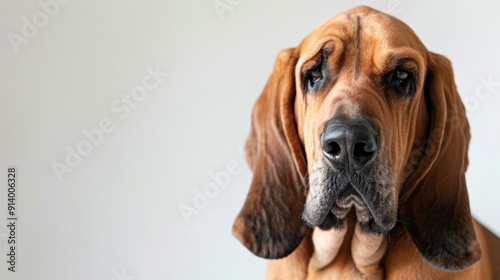 Senior bloodhound dog with a serious expression, conveying wisdom and experience. Brown and white fur adds charm to this adorable pet portrait against a simple background