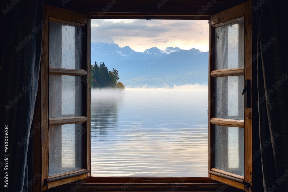 Fototapeta premium A window in a serene lakeside cabin, capturing a misty morning view with calm waters and distant mountains.