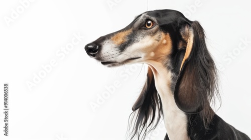 Saluki dog posing in a studio portrait, gazing off camera with a white backdrop