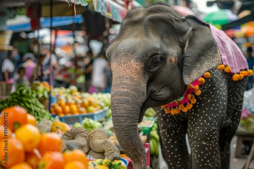 Wallpaper Mural A fashionable elephant explores local goods in Thailand, wearing a vibrant polka dot dress. The market's colorful atmosphere matches the elephant's joyful spirit. Torontodigital.ca