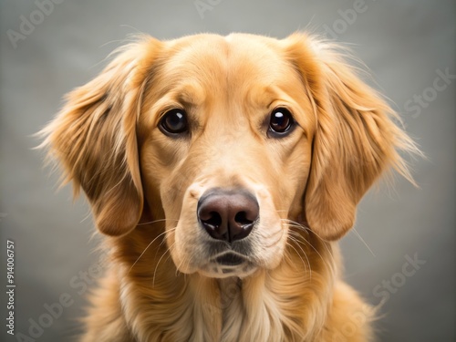 Adorable golden retriever's sweet face, with floppy ears and big brown eyes, gazes directly at the camera with a friendly and endearing expression.