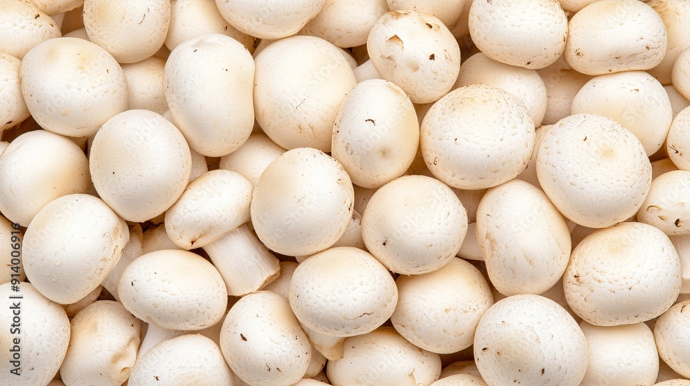 Fresh White Button Mushrooms Plentifully Arranged on a Tabletop Fresh White Button Mushrooms Plentifully Arranged on a Tabletop