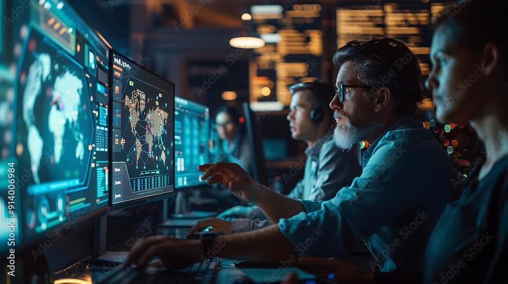 An engaging photo of programmers and developers collaborating on a project in front of multiple monitors, captured from a side angle, An engaging photo of programmers and developers collaborating on a project in front of multiple monitors, captured from a side angle,