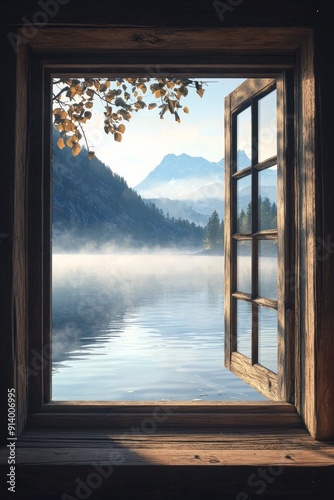 A window in a serene lakeside cabin, capturing a misty morning view with calm waters and distant mountains. photo