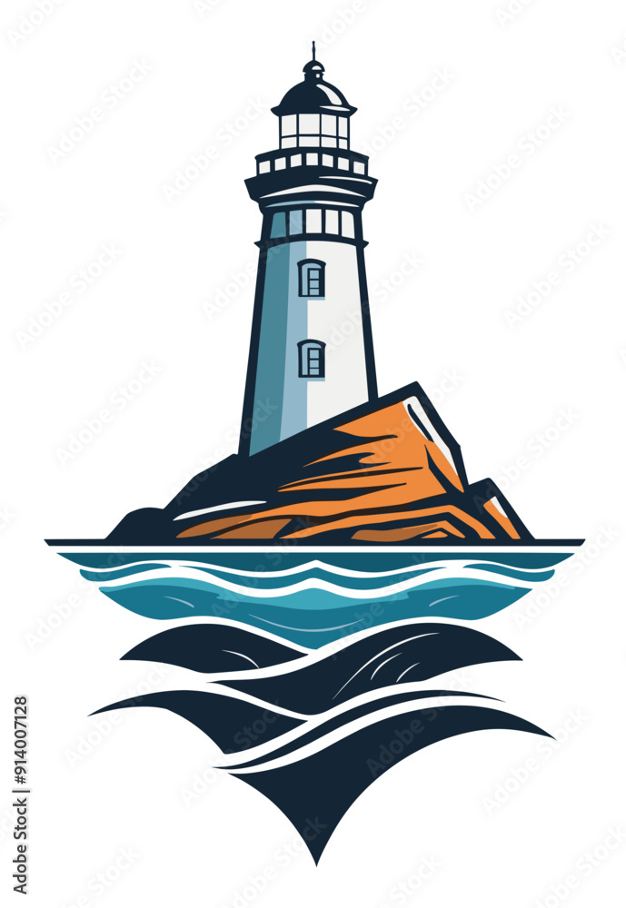 Lighthouse on top of rocks surrounded by ocean waves. A true beam of safety for navigation on the wild waters Lighthouse on top of rocks surrounded by ocean waves. A true beam of safety for navigation on the wild waters