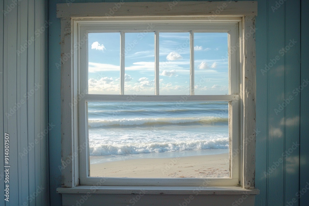 Obraz premium A window in a small coastal cottage, overlooking a serene beach with gentle waves.