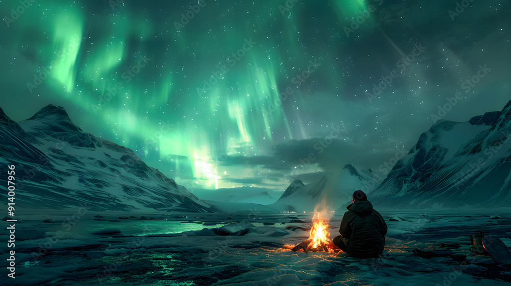 Naklejka premium traveler preparing a campfire under the Northern Lights in Iceland