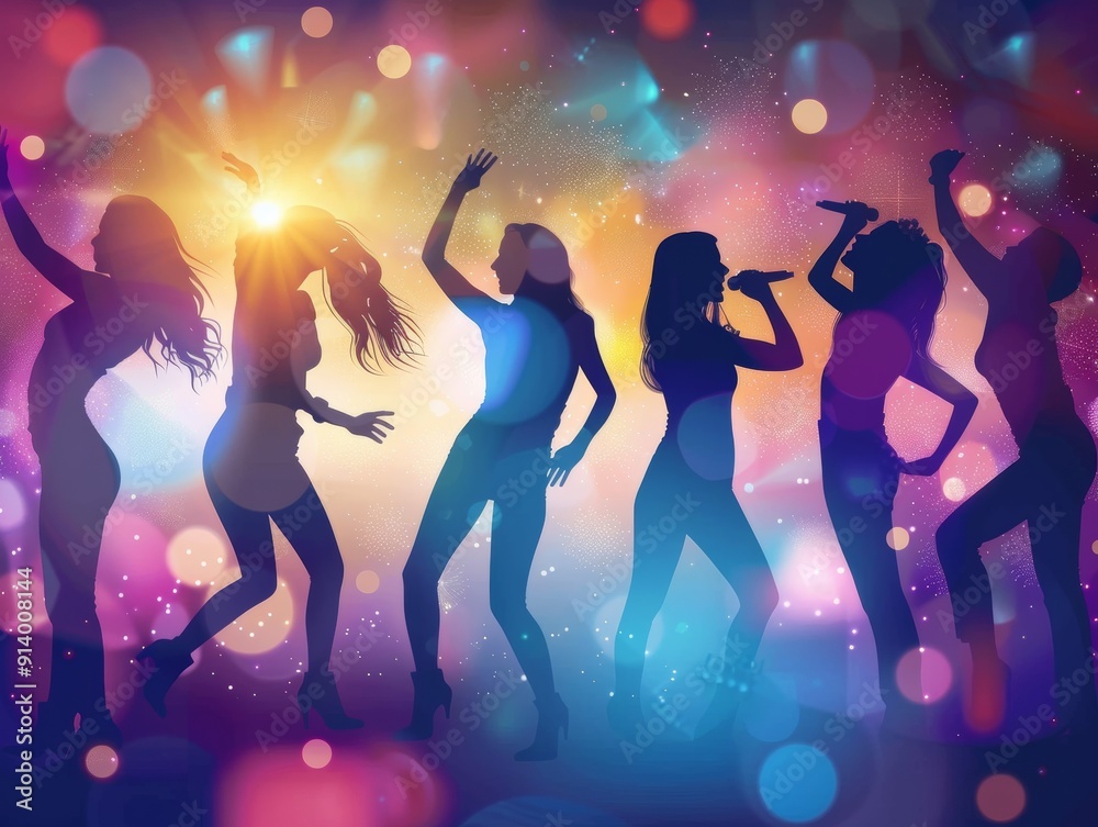 Dynamic silhouettes of dancers against a vibrant, colorful background, capturing the essence of joy and movement in nightlife.