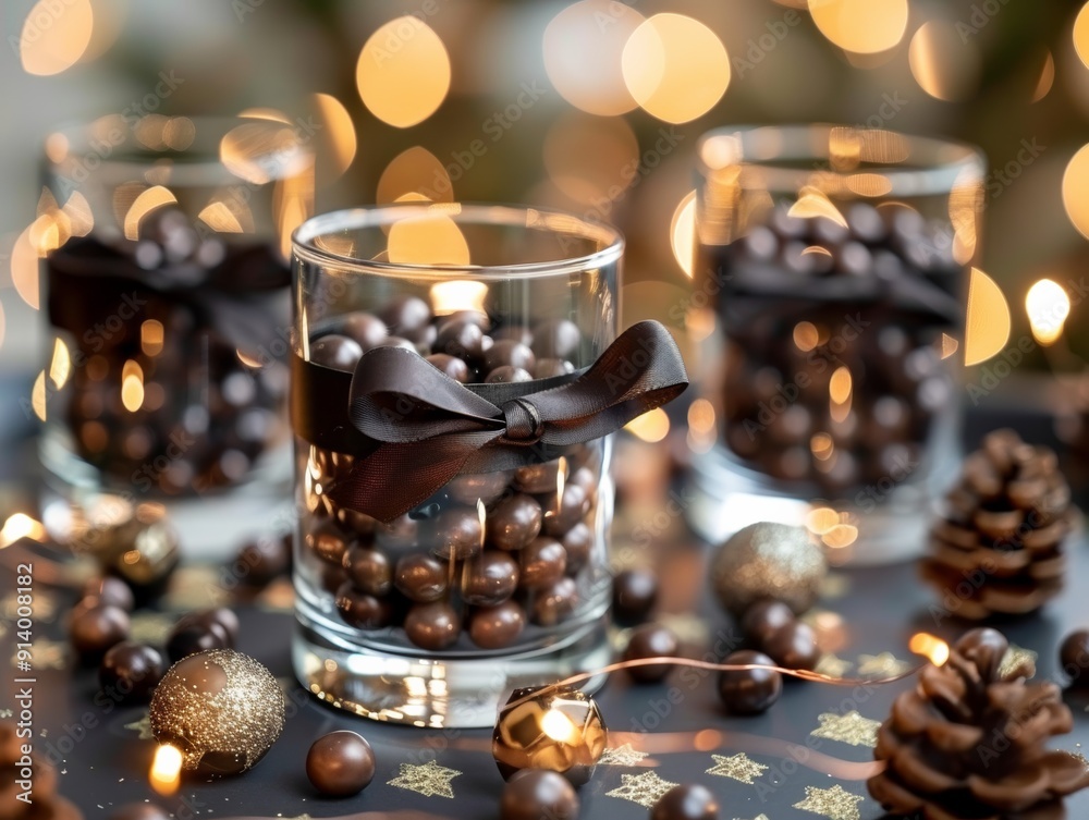 Elegant holiday decor featuring glass jars filled with chocolate balls, adorned with bows and surrounded by festive ornaments. Elegant holiday decor featuring glass jars filled with chocolate balls, adorned with bows and surrounded by festive ornaments.