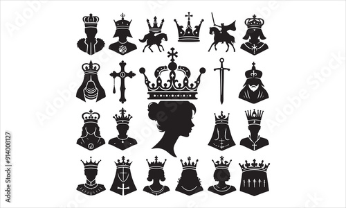 Medieval royal crown queen monarch king lord silhouette icons stock illustration
Crown - Headwear, Vector, Coronation, Logo, Queen Royal Person