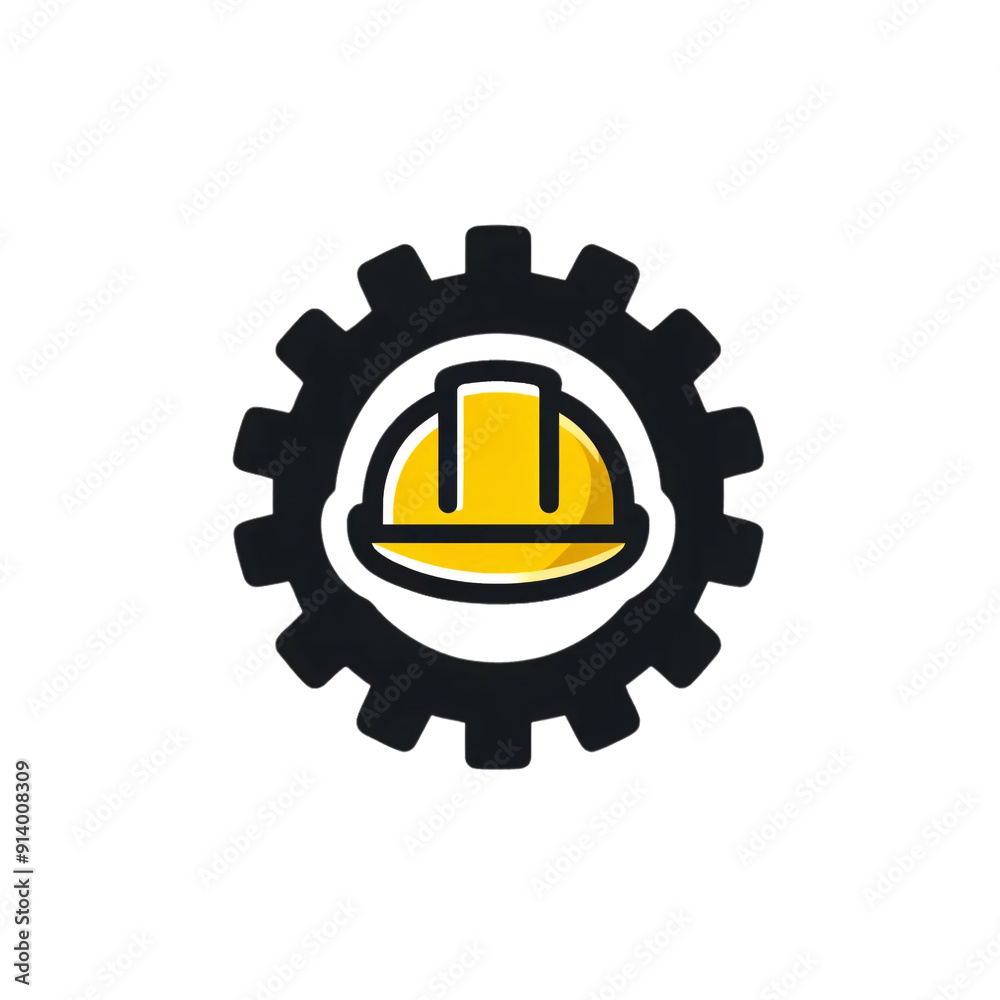 A digital illustration of a simple icon featuring a yellow construction helmet above a black gear, on a transparent background A digital illustration of a simple icon featuring a yellow construction helmet above a black gear, on a transparent background