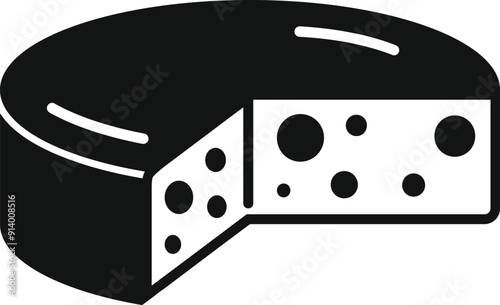 Black and white icon of a round cheese wheel with a slice cut out, showing the texture and holes