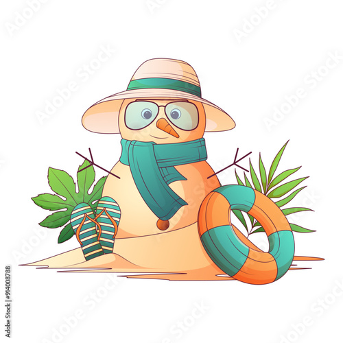 Tableau sur toile Vector illustration of sandy snowman with glasses, hat, flip flops, tropical leaves, water balloon