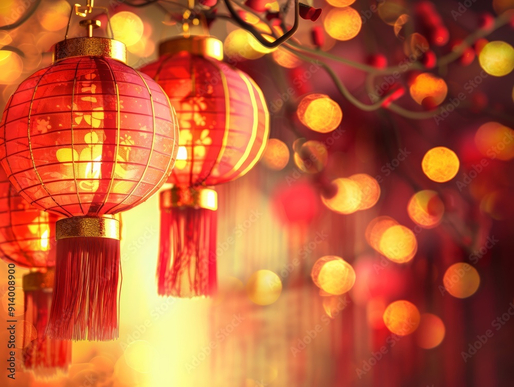 Vibrant red lanterns hanging against a blurred background of glowing lights, perfect for celebrating culture and festivals.