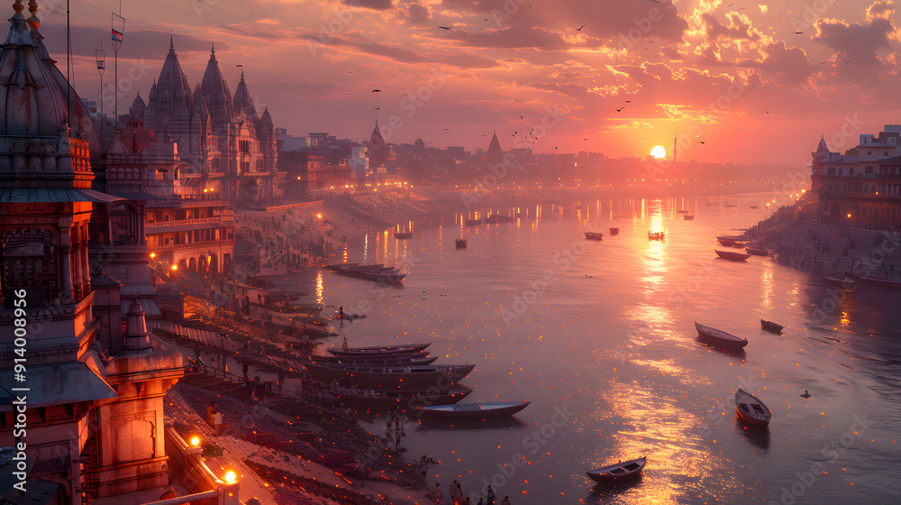 Naklejka premium Varanasi city with ancient architecture. View of the holy Manikarnika ghat at Varanasi India at sunset