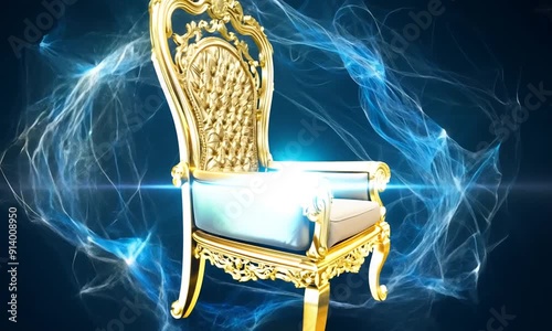 A golden throne with ornate details appears out of a swirling blue energy field on a dark background. The throne rotates, revealing its intricate carvings and luxurious upholstery. photo