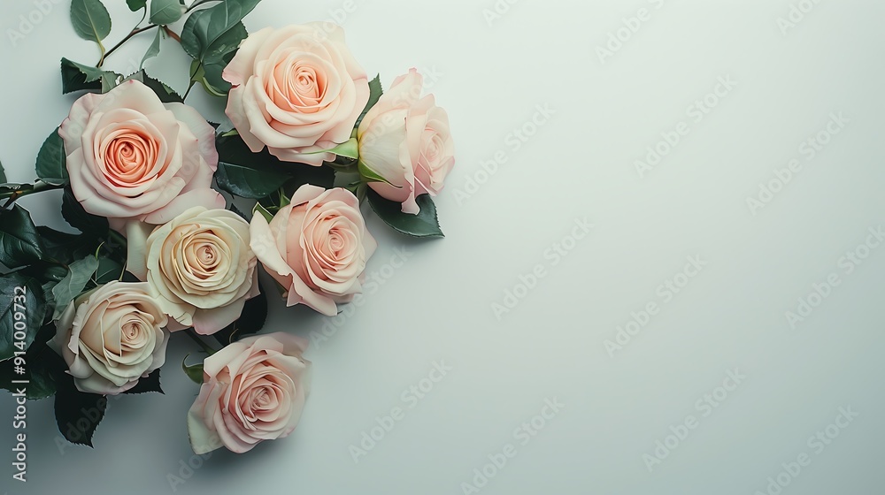 Pink roses with green leaves on white background Pink roses with green leaves on white background