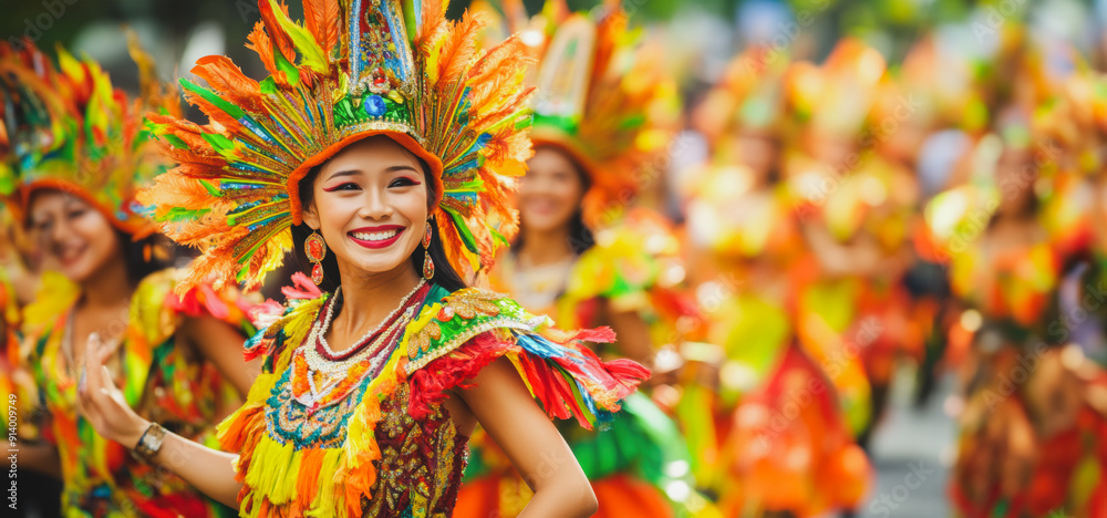 Colorful Festival Parade in a Vibrant City With Dancers in Traditional Costumes Colorful Festival Parade in a Vibrant City With Dancers in Traditional Costumes