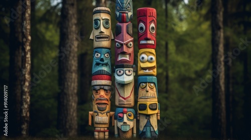 Colorful Totem Poles in Forest