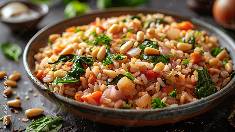 Spinach and Pine Nut Pilaf cooked with toasted pine nuts, spinach, onions, garlic, and vegetable broth. Spinach and Pine Nut Pilaf cooked with toasted pine nuts, spinach, onions, garlic, and vegetable broth.