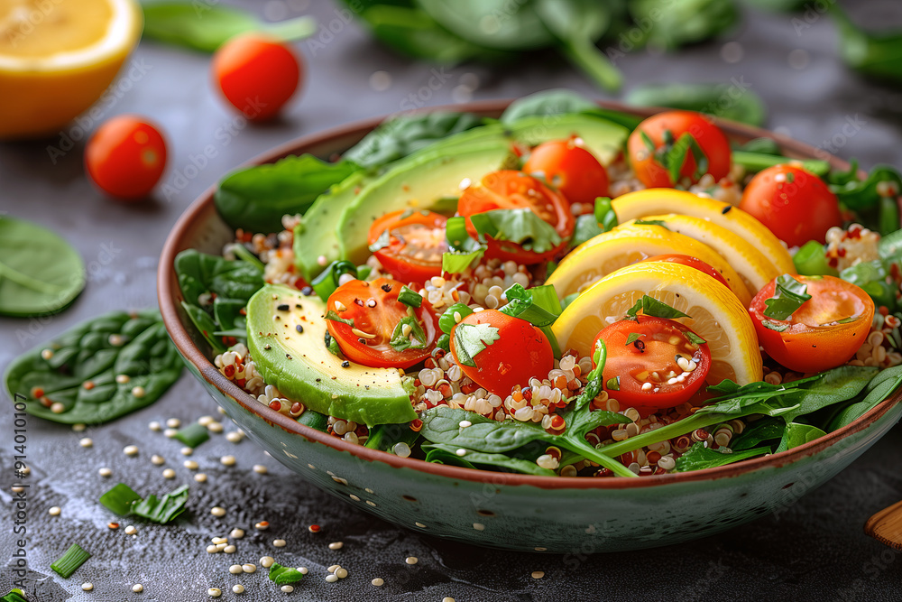 Spinach and Quinoa Salad with cooked quinoa, spinach, cherry tomatoes, avocado, and a lemon-tahini dressing. Spinach and Quinoa Salad with cooked quinoa, spinach, cherry tomatoes, avocado, and a lemon-tahini dressing.