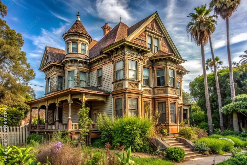 Obraz premium Aged Victorian house on Carroll Avenue in Angelino Heights neighborhood shows signs of disrepair and weather damage, with worn facade and overgrown garden surroundings.