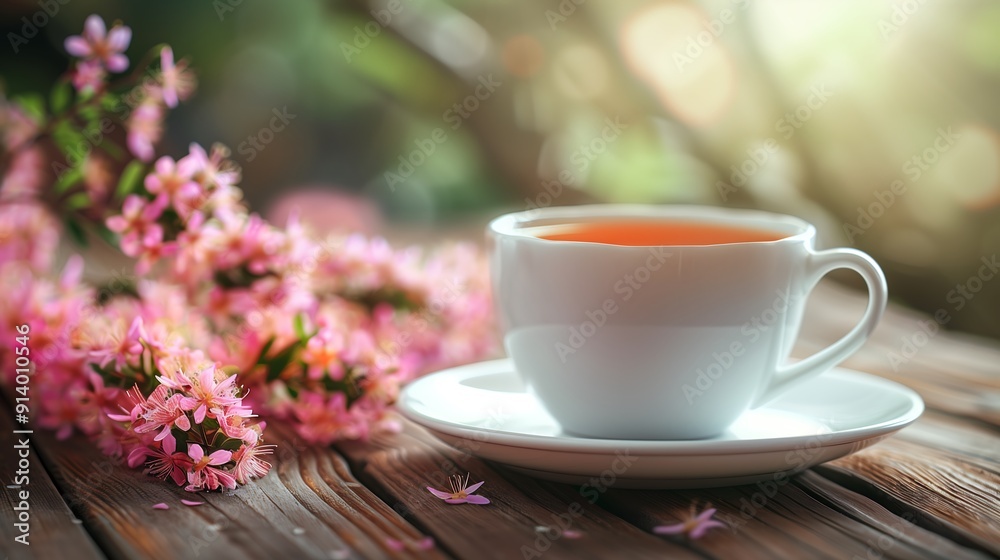 Tea cup with pink flowers on wooden table Tea cup with pink flowers on wooden table