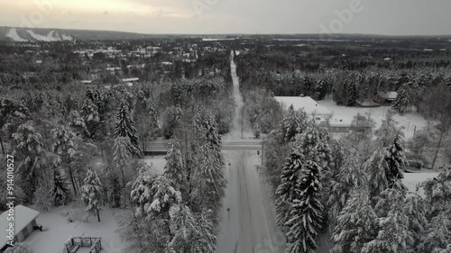 drone aerial view over rovaniemi finland landscape in winter time