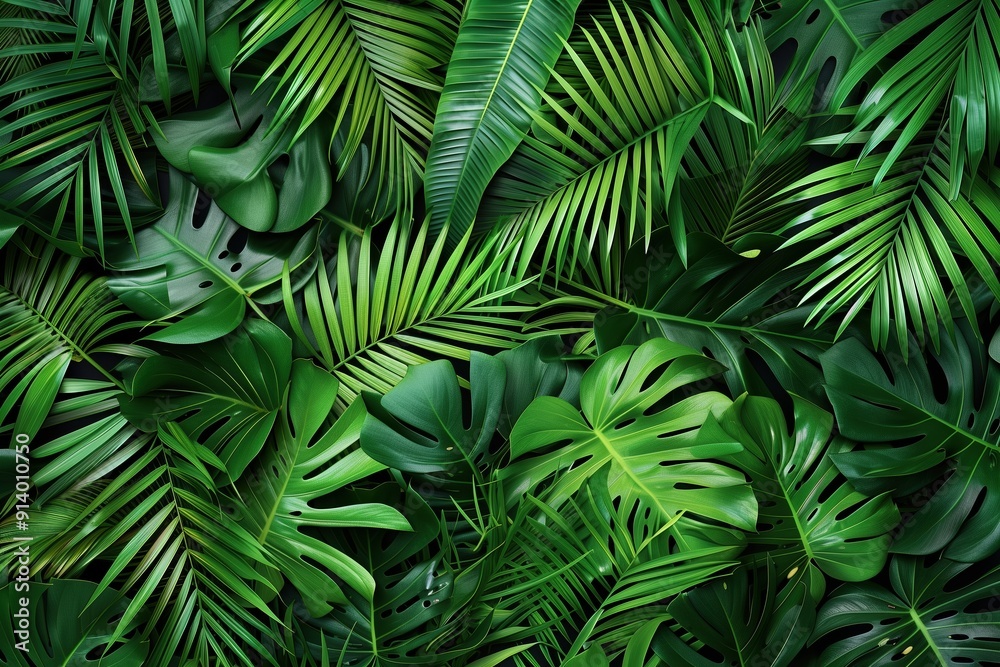 Fototapeta premium Lush green tropical palm leaves creating a vibrant natural background for design