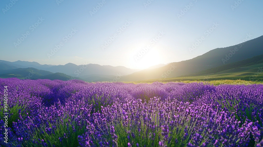 Naklejka premium Lavender fields at sunrise, vibrant purple blooms glistening in morning light, rolling hills in the background under a clear sky, evoking tranquility and beauty.