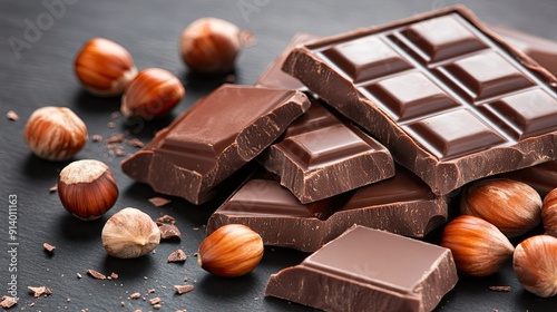 Rich Dark Chocolate Pieces Surrounded by Whole Hazelnuts on a Dark Surface