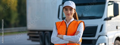 Confident Female Construction Worker Standing Near Delivery Truck photo