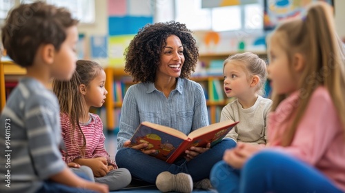 In a bright and airy classroom, a small group of students sits in a semi-circle around their teacher who is holding a book and reading aloud, their faces filled with wonder and imagination, with