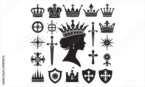 Medieval royal crown queen monarch king lord silhouette icons stock illustration
Crown - Headwear, Vector, Coronation, Logo, Queen Royal Person