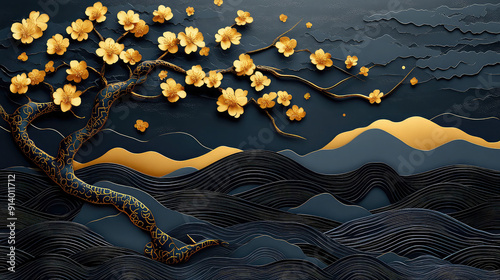 Fototapeta Naklejka Na Ścianę i Meble -  Elegant colorful with vibrant flower hanging branches illustration background. Bright color 3d abstraction wallpaper for interior mural, Generated by AI	
