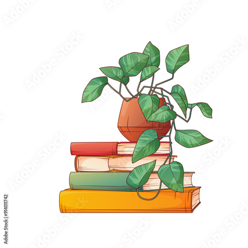 Vector illustration of pile of books with houseplant. Potted pothos plant. Use for decoration of interior. Bookshop, book lover, library concept.