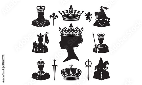 Medieval royal crown queen monarch king lord silhouette icons stock illustration
Crown - Headwear, Vector, Coronation, Logo, Queen Royal Person