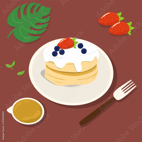 Fluffy Japanese souffle pancakes with whipped cream, strawberry and blueberry vector illustration 