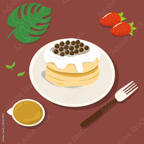 Fluffy Japanese souffle pancakes with whipped cream and Boba vector illustration 
